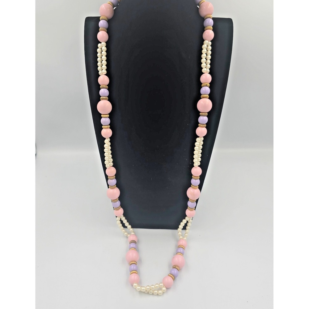 Vintage Beaded Candy Faux Pearl necklace acrylic Pink Purple White Spring 38"